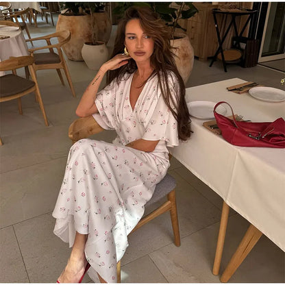 🍒Summer printed v-neck dress  with flower print womens fashion slim fit waist short butterfly sleeve long summer outfit with short sleeves high waist office wear cute comfy casu classy