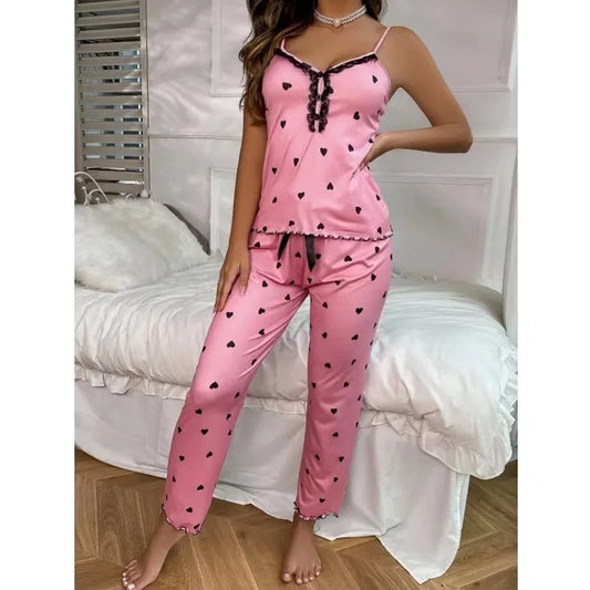 🍒Heart print pyjamas homewear sets women sleeveless crop top amd pants two piece coord with chemise lounge wear clothing                                       Love To Wear Clothes