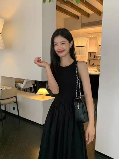 🍒Long dresses high waist summer round neck maxi dress sleeveless women fashion simple style elegant long black outfit smart casual wear