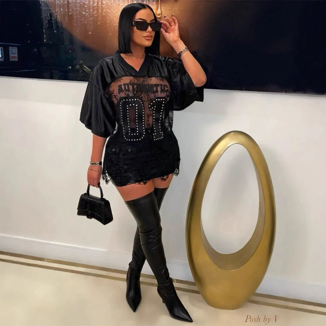 🍒T-shirt tops for women v-neck mesh top loose long floral tee casual Y2k streetwear elegant clubing t-shirts summer fashion wear Lace Mesh top A1 To The O1