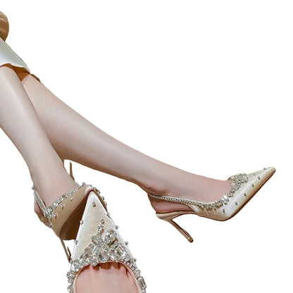🍒Diamond satin slingback heels womens pointed toe pumps elegant stiletto high heels occasion shoes wedding party dress shoes 'Whine In Your Wines