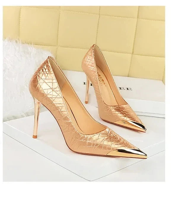 🍒Metalic high heel pumps for women elegant party stillettoe thin heels shoes for occasions party wear footwear GOLDen TIP PUMP Up Your Fashion Volume