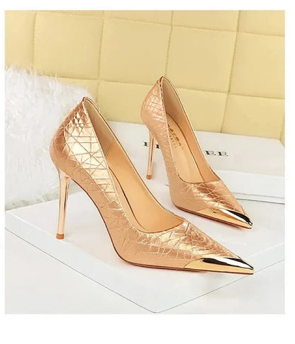 🍒Metalic high heel pumps for women elegant party stillettoe thin heels shoes for occasions party wear footwear GOLDen TIP PUMP Up Your Fashion Volume