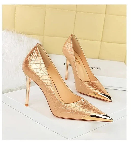 🍒Metalic high heel pumps for women elegant party stillettoe thin heels shoes for occasions party wear footwear GOLDen TIP PUMP Up Your Fashion Volume