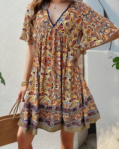 🍒Summer boho floral dress printed outfit for women fashion outfit v-neck short sleeve holiday wear casual loose clothing beach wear Boho Beau Boo
