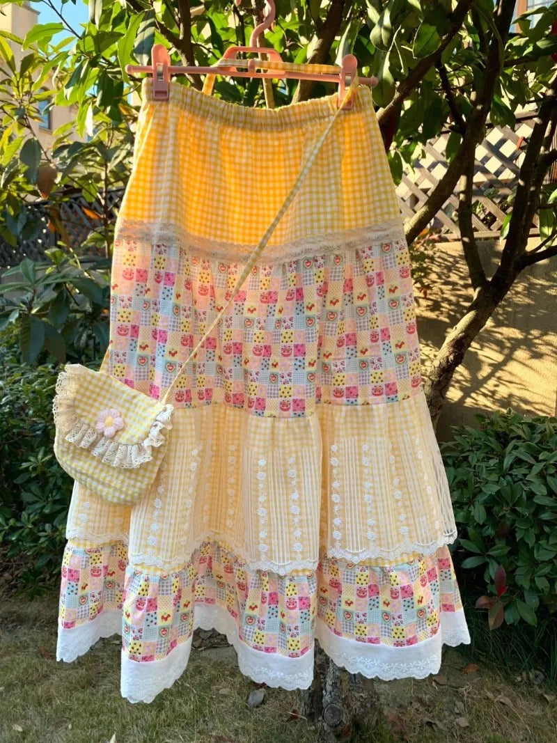 🍒Patch work gypsy skirt sweet girl fashion floral print tiered skirt lace outfit womens elastic waist skirts a-line fashion feminine summer clothes holiday wear Sun In Your Sunny