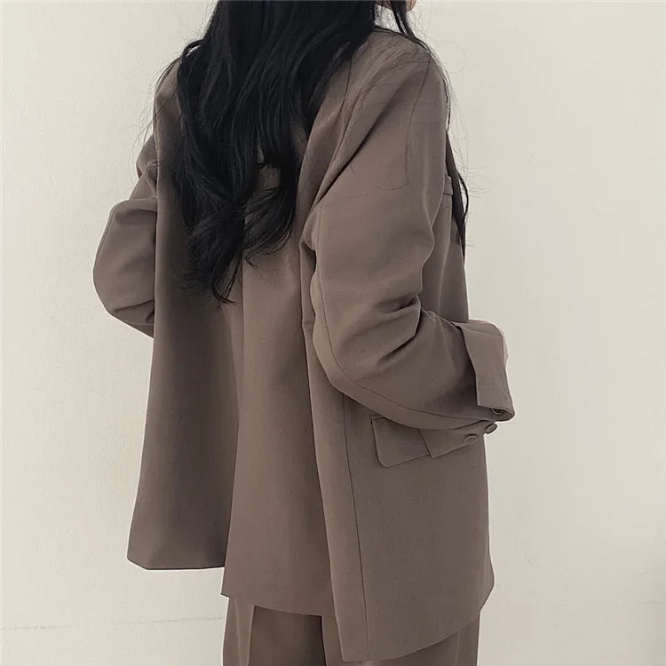 🍒Solid color women's suit set fashion loose casual wear 2 piece set office suits for ladies long sleeve pocket jacket formal wear strawbery choclate ...Suit Yourself
