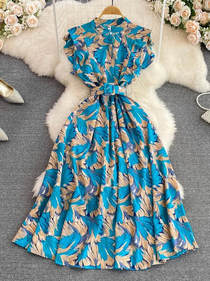 🍒 Printed midi dress high waist sleeveless a-line outfits elegant stand collar ruffle smart casual summer feminine fashion style Dont LEAF-e This In Your Basket Get This And You Will Be SKY High With Happiness