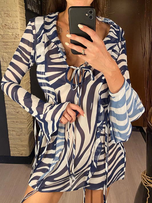 🍒Long sleeve mini sundress striped ruffled dress v-neck for women beach dress party club wear Zip Up This Zeberdy