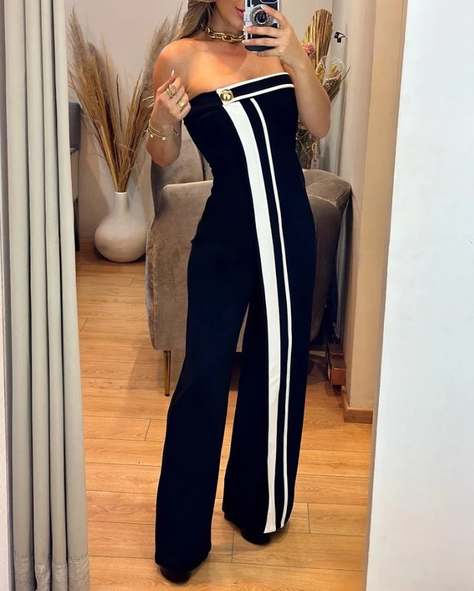 🍒Womens Jumpsuit bandeau one piece contrast romper sleeveless button decor smart casual clothing for women occassion party wear fashion Get On The Stripe Band -eau Wagon