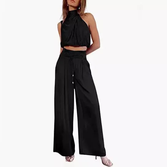 🍒Two piece pant sets for women open navel outfit silky sleeveless tops and wide leg trousers smart casual clothing summer fashion wear club wear party occasion wear 2 piece Sets pop this CROP and get SET for WIDE approval