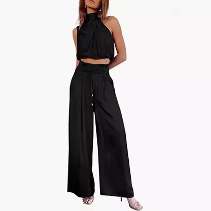 🍒Two piece pant sets for women open navel outfit silky sleeveless tops and wide leg trousers smart casual clothing summer fashion wear club wear party occasion wear 2 piece Sets pop this CROP and get SET for WIDE approval
