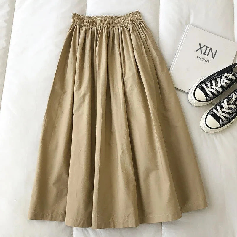 🍒Pleated knee length skirt with pockets womens white long skirt simple fashion summer wear smart casual clothing everday essensial wear every day wear elegant high waist a-line female skirt outfit Simply Easy