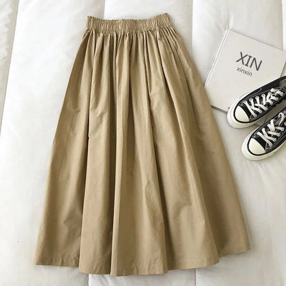 🍒Pleated knee length skirt with pockets womens white long skirt simple fashion summer wear smart casual clothing everday essensial wear every day wear elegant high waist a-line female skirt outfit Simply Easy