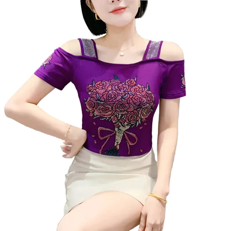 🍒Streetwear chic Heart Shaped top diamond t-shirt off shoulder black tee women summer short sleeve mesh tops SEQ And w 'UIN This Heart