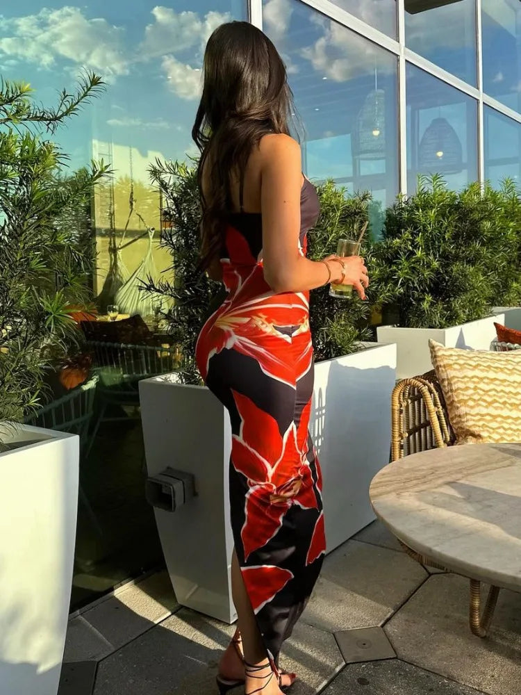 🍒 Summer printed maxi dress floral women spaghetti straps clothes holiday wear outfits backless fashion smart casual wear female long dress mini floral