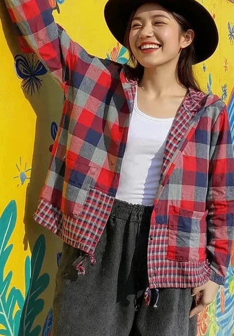 🍒Plaid pocket hood jacket top shirts check blouses spring summer fashion casual wear women check clothing outdoor style cheeky chic check