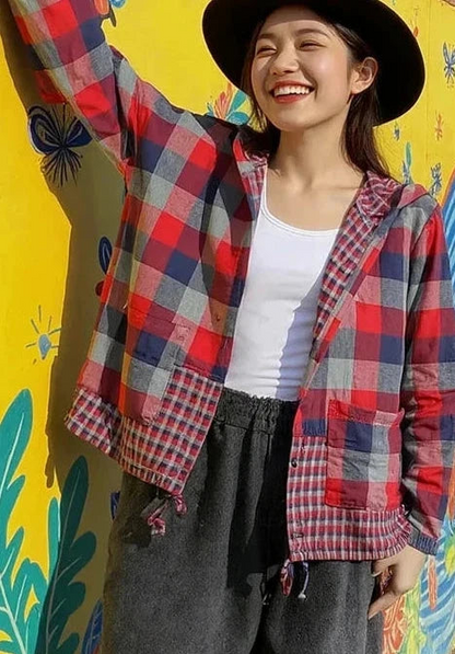 🍒Plaid pocket hood jacket top shirts check blouses spring summer fashion casual wear women check clothing outdoor style cheeky chic check