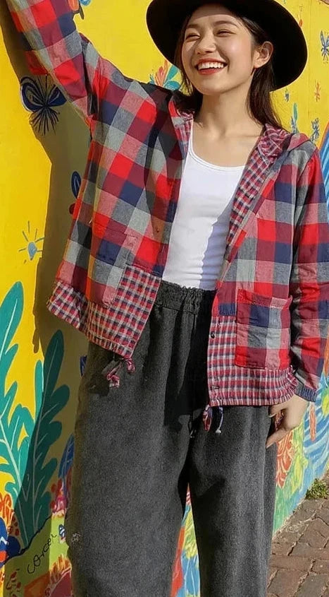 🍒Plaid pocket hood jacket top shirts check blouses spring summer fashion casual wear women check clothing outdoor style cheeky chic check