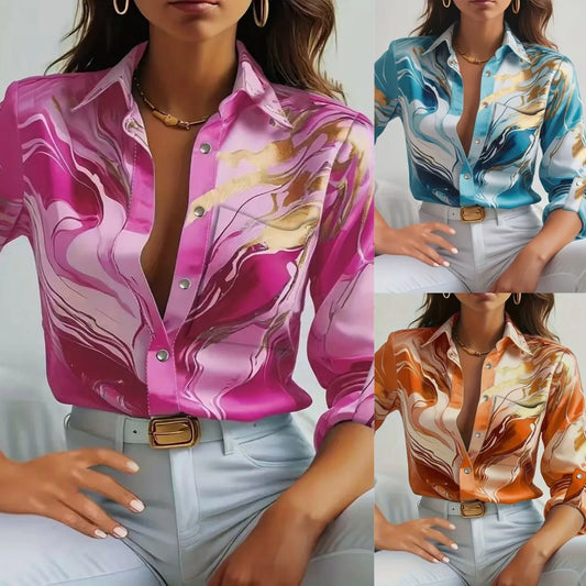 🍒Office blouses for women smart casual spring autumn fashion female business casual fashion colourful print clothing elegant loose long sleeve button shirt Look Marvelous Marble