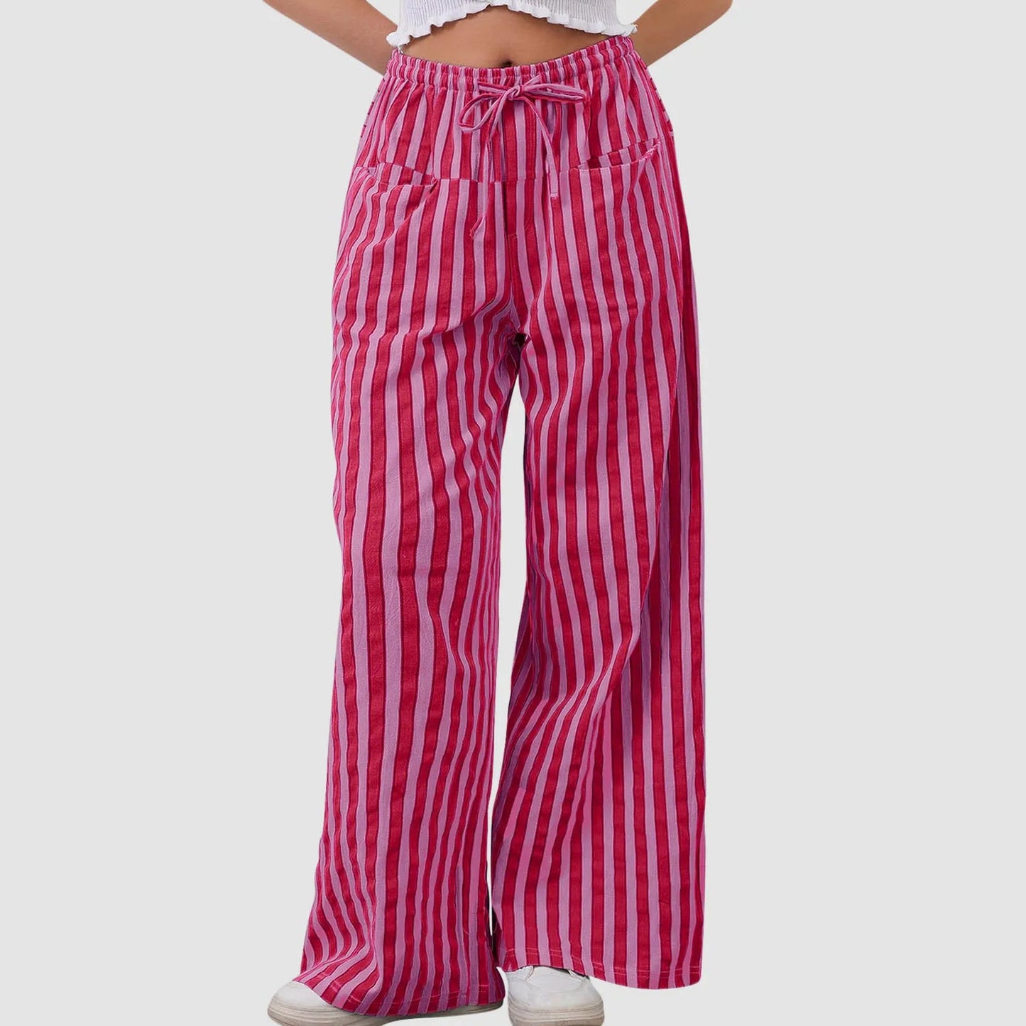 🍒Stripe wide leg pants high waist ealstic trousers drawstring wide leg baggy bottoms womens casual high street clothing with pocket Get slouchy In Stripy Slacks