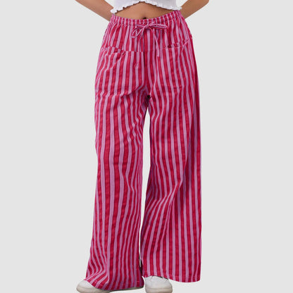 🍒Stripe wide leg pants high waist ealstic trousers drawstring wide leg baggy bottoms womens casual high street clothing with pocket Get slouchy In Stripy Slacks
