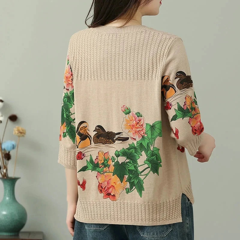 🍒Vintage print pullover loose And versatile knitted sweater women womens spring and summer tops  3/4 sleeve cotton autumn clothing Jump-er On The Flower Tree Top