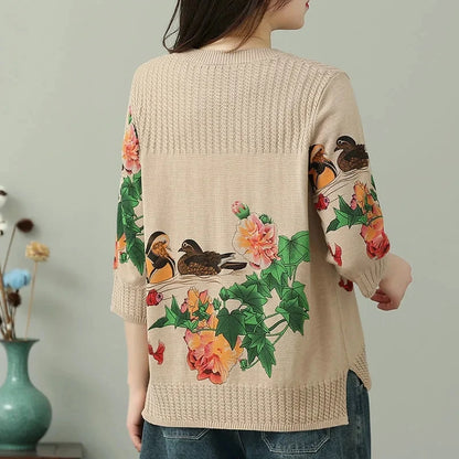 🍒Vintage print pullover loose And versatile knitted sweater women womens spring and summer tops  3/4 sleeve cotton autumn clothing Jump-er On The Flower Tree Top