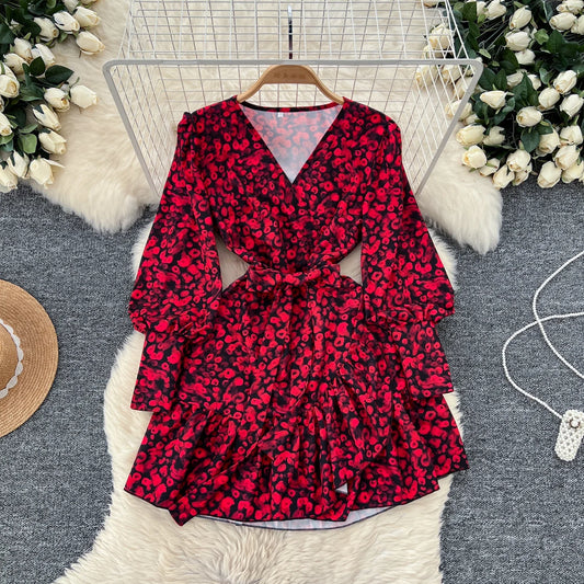 🍒V-neck lantern sleeve dress smat casual women elegant midi ruffle printed short dress french style evening wear chic spring outfits high street autumn fashion Don't Be Short On Minis