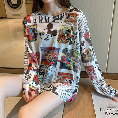 🍒Cartoon print full sleeve t-shirt casual tops trendy sun protection tee women sheer summer clothing simple beach wear for women Toon Into Toons