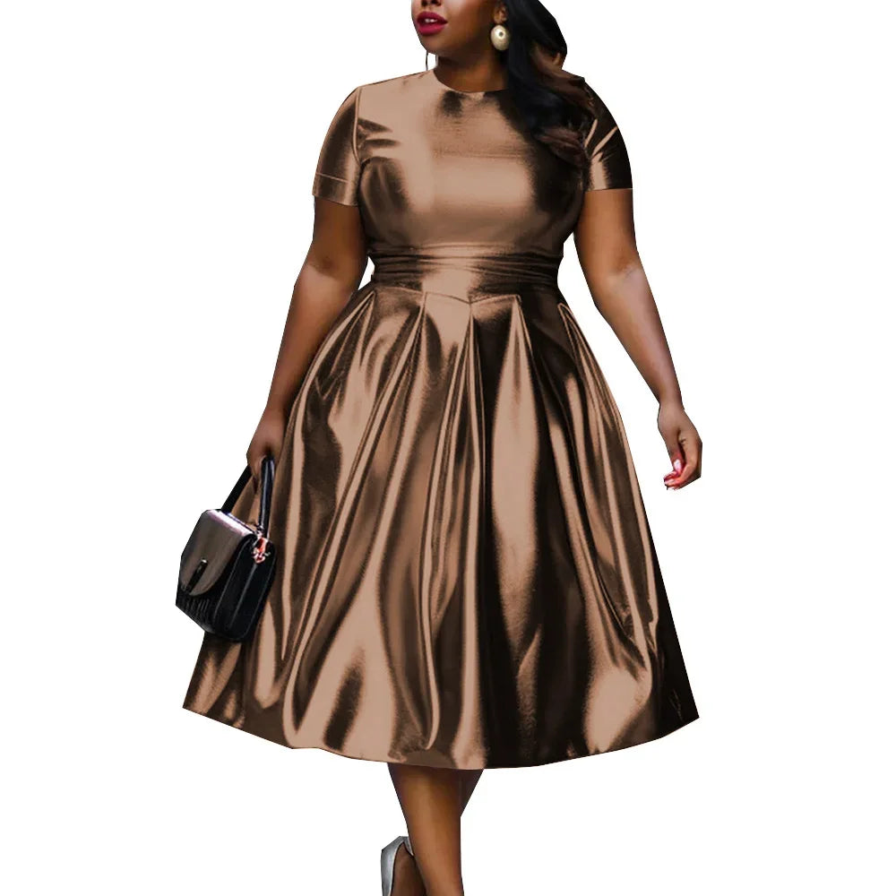 🍒A-line shiny dress metallic short sleeve midi for women plus size outfit fit and flare elastic dress smart casual clothing Summer Stunner