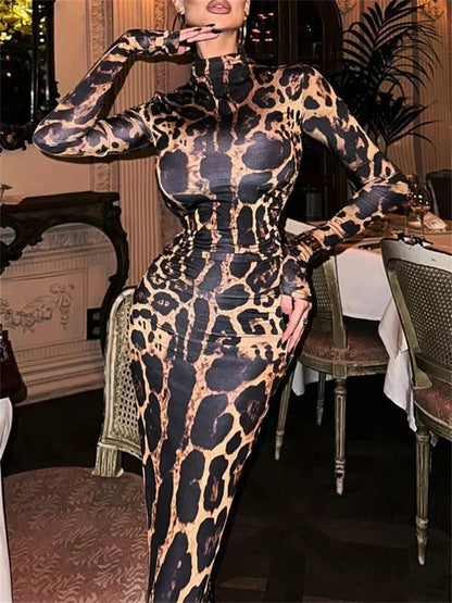 🍒Red striped long dress womens bodycon turtle neck zebra print mesh outfit clubwear party occasion wear clothing                       Catwalk Your Tiger