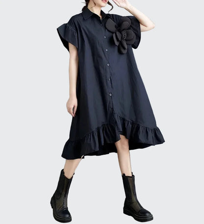 🍒Summer loose dress artistic high low ruffle trim outfit with 3D flower cotton blend office smart casual women mid-length a-Line Don’t Get Ruffled Pick A Flower And Ease lnto Summer