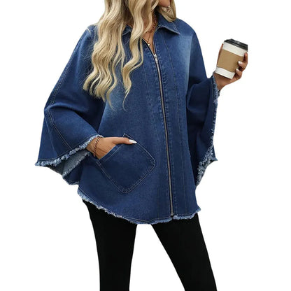 🍒Denim jacket women y2k pocket coat zipper poncho with turn down collar batwing sleeves  outerwear loose casual BAT For The DENIM team And WINg