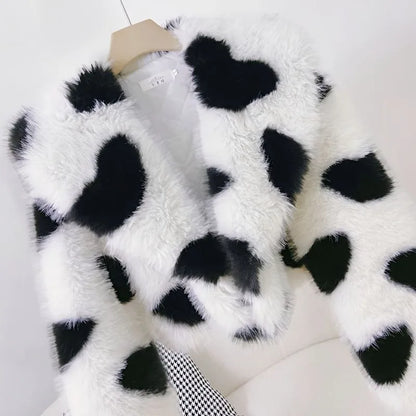 🍒Fur coats for women large  collar jacket with love hearts eco-friendly furry coats chic trendy winter outerwear style versatile Fluffy Lovely