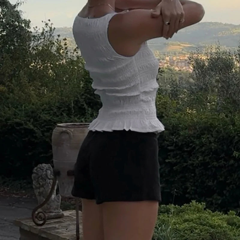 🍒Women Y2K smocked shirred tank top sleeveless crew neck frill ruffle crop top ruched pelpum going out tops party clubwear