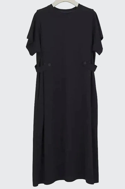 🍒Relaxed fit women’s dress with side pockets lazy style short sleeve outfit for summer loose slimming round neck dress with pockets and button waist tabs a-line plus size fashion  Longline Loosy Love