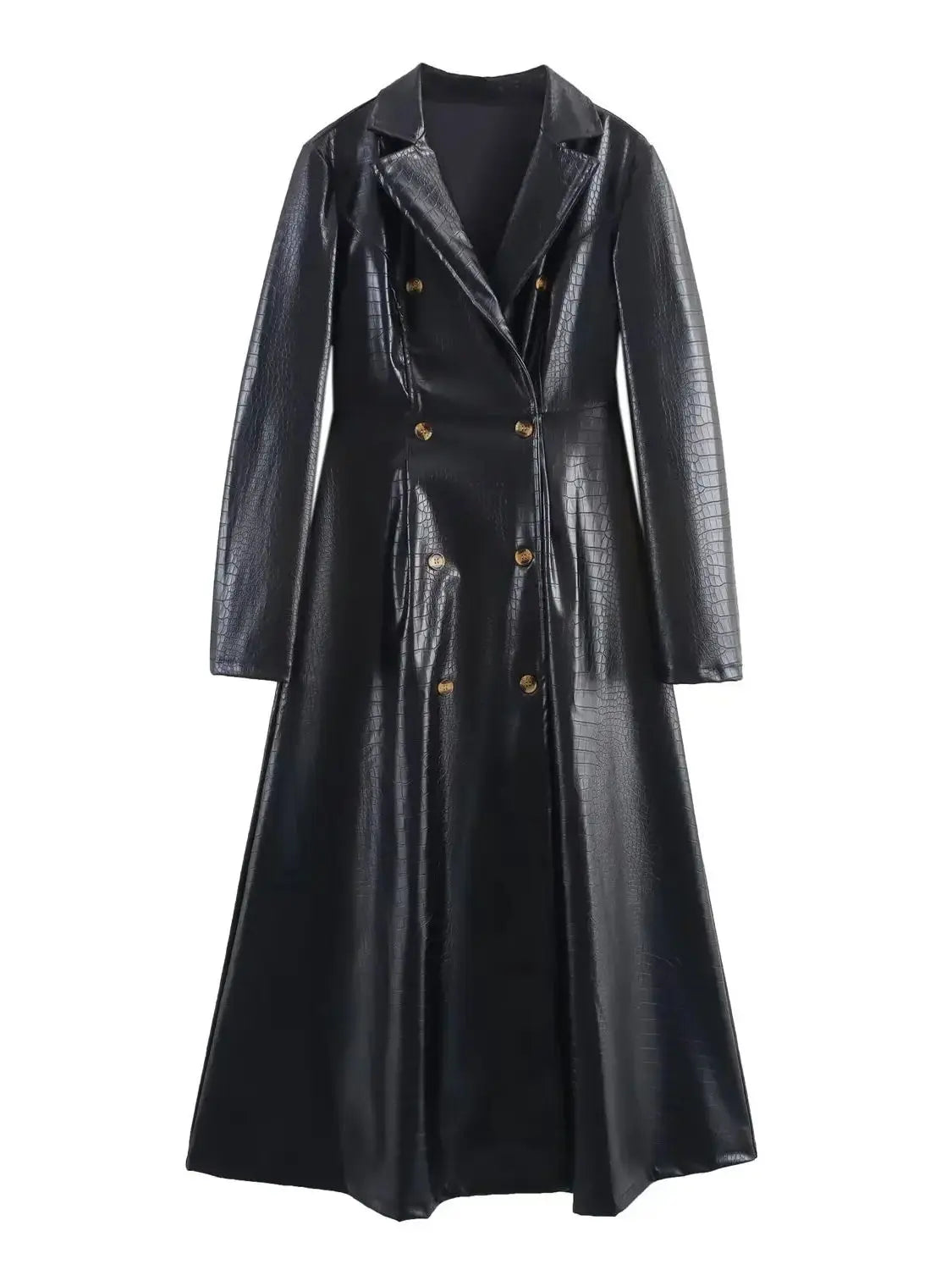 🍒Extra long faux leather trench coat vintage maxi luxury pu double breasted black designer outerwear clothing smart casual Crocodile Style