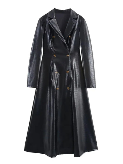 🍒Extra long faux leather trench coat vintage maxi luxury pu double breasted black designer outerwear clothing smart casual Crocodile Style