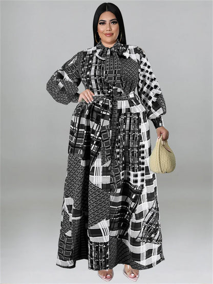 🍒Plus size vintage long sleeve dress print womens clothing fall dresses with belt loose maxi outfit long fashion smart casual women Mix Up Fashion