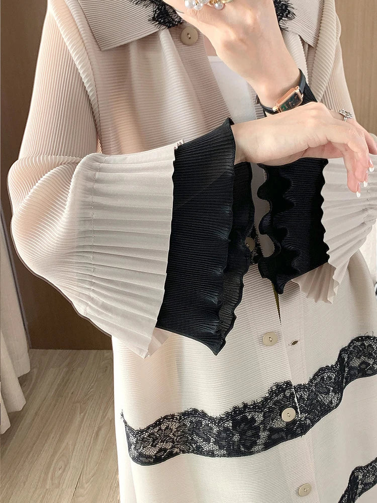 🍒Pleated lace dress with lapels flared sleeve single breasted outfit long elegant midaxi fashion wears smart casual clothing women partywear occasion wear