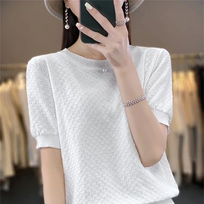 🍒Womens textured t-shirt summer cotton tops short sleeve solid colour tee round neck loose blouse casual clothing