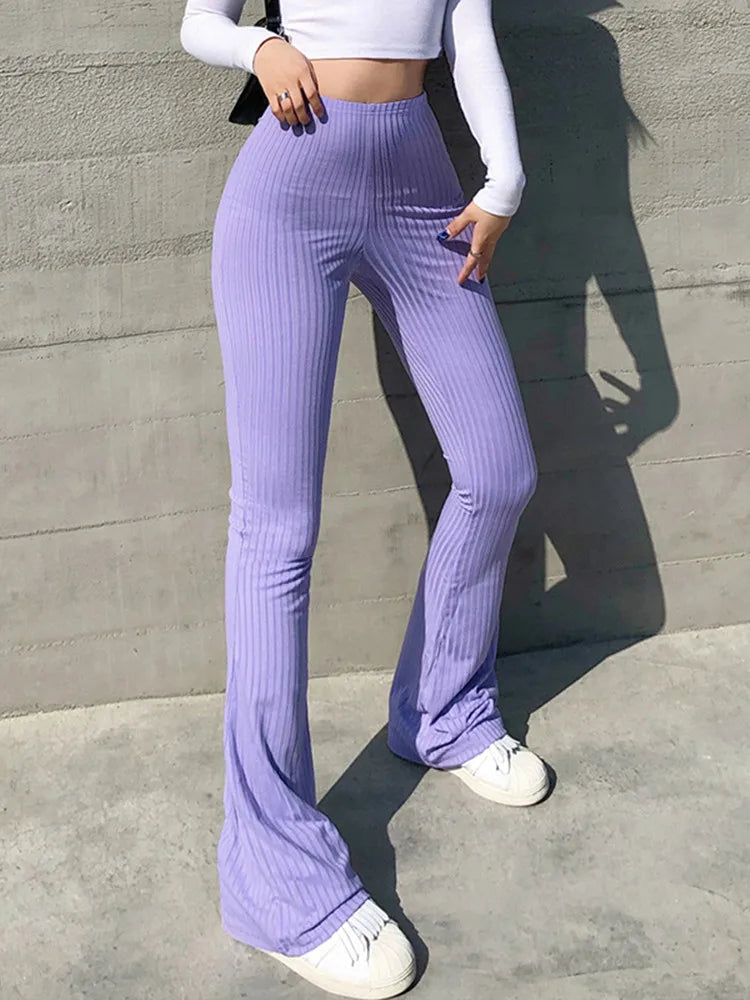 🍒High waist bell bottom pants flared at bottom solid hot girl clothes streetwear jersey womens trousers casual fashion wear