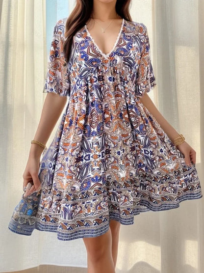 🍒Summer boho floral dress printed outfit for women fashion outfit v-neck short sleeve holiday wear casual loose clothing beach wear Boho Beau Boo