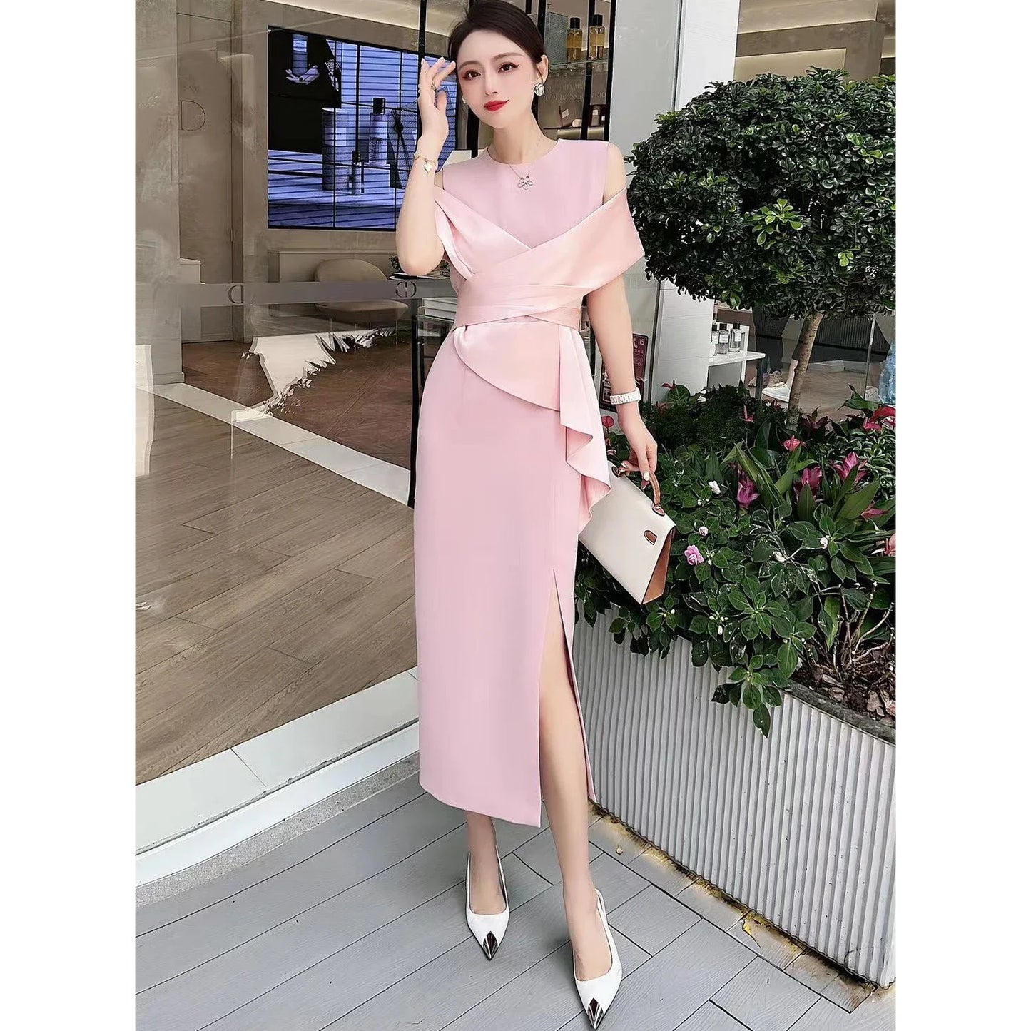🍒Celebrity elegant gown dress for women party wear fashion off-shoulder outfit high waist with split high end ocassion wear