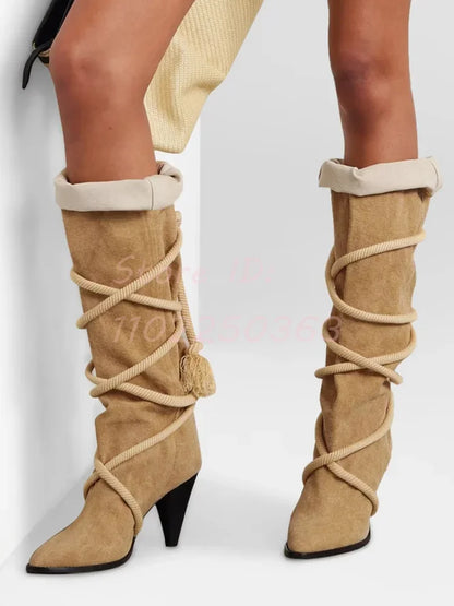 🍒Retro boots cross-tied shaped heel solid brown pointed toe shoes lace-up fringe mid-calf boots women fashion footwear Retro Roads