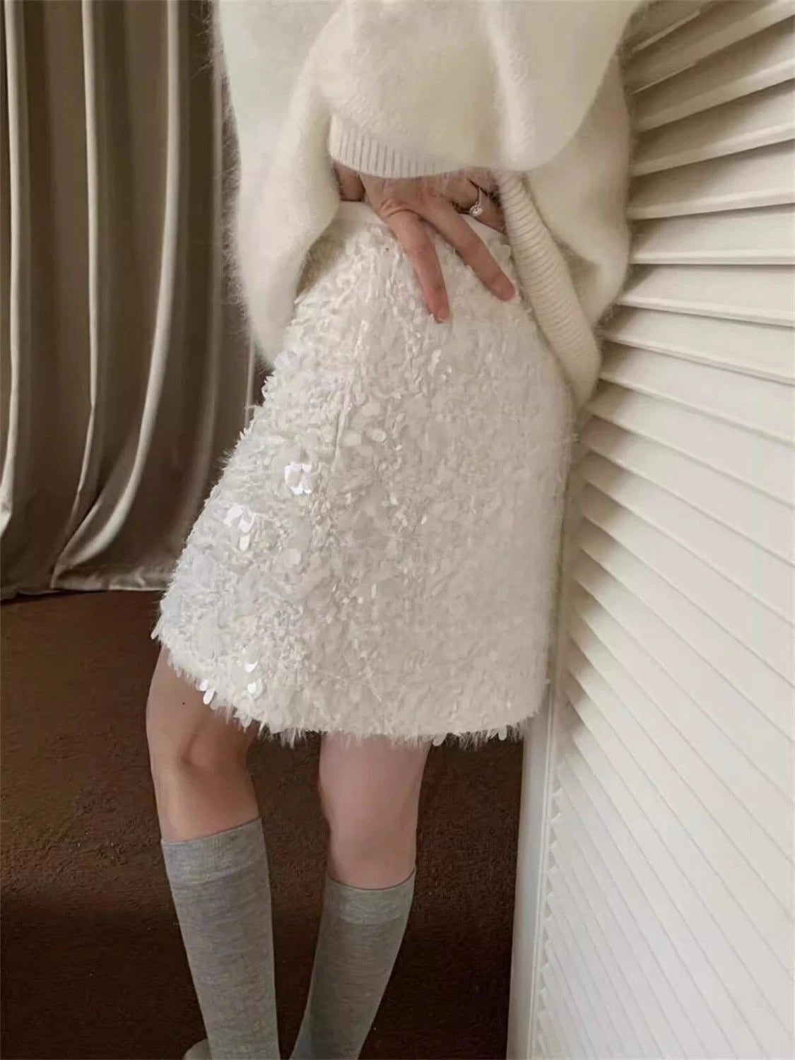 🍒High waist a-line mini skirt solid color smart casual clothes womens spring summer faxhion Y2k sequin clothing Get This feather and pluck out at that special occasion