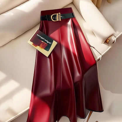 🍒Red pu skirt high end goddess fashion a-line leather midi mid length umbrella skirt occasion party wear Get A Little Bottle with A Burgundy