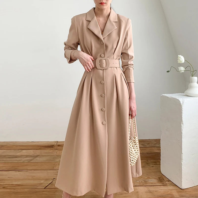 🍒Style blazer dress long sleeve single breasted clothes women light wind coat temperament slim waist long belt outfit Lovely Lapel Look