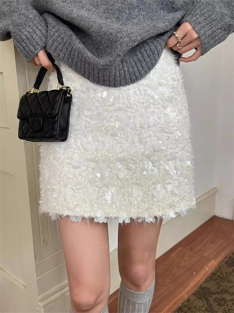 🍒High waist a-line mini skirt solid color smart casual clothes womens spring summer faxhion Y2k sequin clothing Get This feather and pluck out at that special occasion